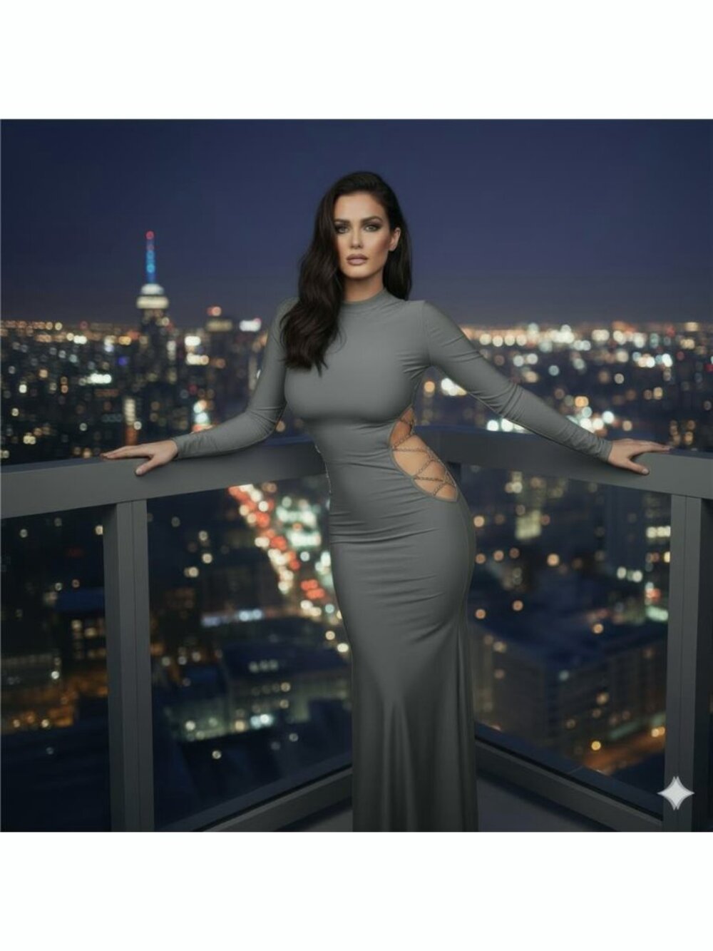 Long Sleeve High Neck Maxi Dress Chain Detail